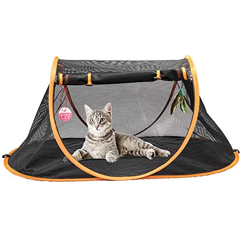 Portable Cat Mesh Tent Pet Cage,Pop Up Crate,Foldable Kennel,Indoor,Outdoor,Comfy Puppy House-Washable Fabric for Small Animals with 2 Cat Toys, Carry Bag & 2 Stakes