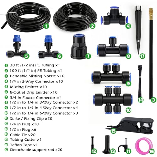 Drip Irrigation System 130FT with 10 Bendable Nozzles, 10 Misting Emitters, 10 8-Outlet Drip Emitters, 1/2 & 1/4 Inch Hoses – Garden Watering & Misting Kit for Yard, Lawn, Greenhouse - color: 30 ft hose (1/2 in OD）+100 ft hose (1/4 in OD）