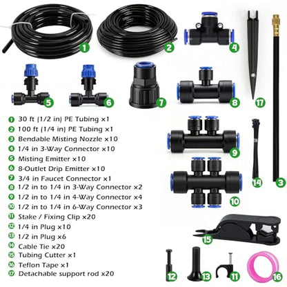 Drip Irrigation System 130FT with 10 Bendable Nozzles, 10 Misting Emitters, 10 8-Outlet Drip Emitters, 1/2 & 1/4 Inch Hoses – Garden Watering & Misting Kit for Yard, Lawn, Greenhouse - color: 30 ft hose (1/2 in OD）+100 ft hose (1/4 in OD）