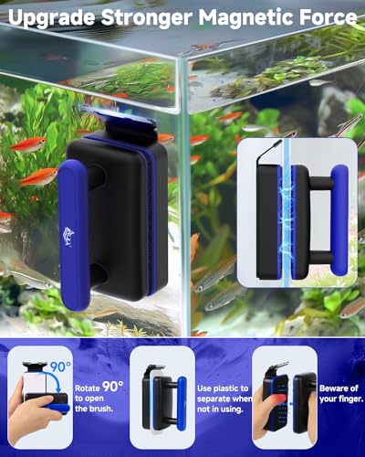 AQQA Aquarium Glass Cleaner, Double Side Algae Scraper with 2 Blades | Magnetic Fish Tank Cleaner, Self Floating Glass Scrubber Brush, for Up to 0.6 Inch Thick Glass & Acrylic Aquarium Tanks - size: L