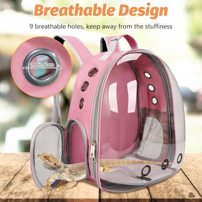 kathson Bearded Dragon Carrier with Harness and Leash Set, Large Reptile Travel Carrier Portable Lizard Backpack Clear Small Animals Carrying Bag for Gecko Hamster Rabbit Hedgehog Kitten (Pink) - color: Pink