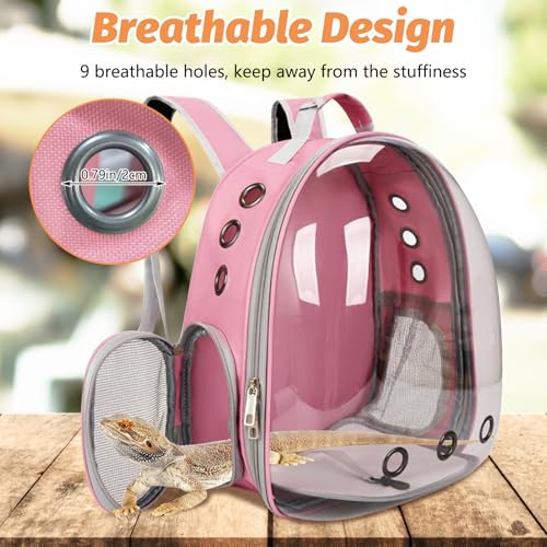 kathson Bearded Dragon Carrier with Harness and Leash Set, Large Reptile Travel Carrier Portable Lizard Backpack Clear Small Animals Carrying Bag for Gecko Hamster Rabbit Hedgehog Kitten (Pink) - color: Pink