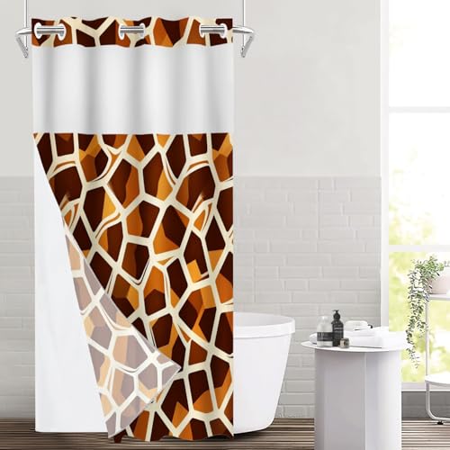 Brown Giraffe Print No Hooks Shower Curtain with Snap in Liner Set, Abstract Animal Skin Tub Curtainn Mesh Top Window & Magnetic Hem Waterproof 35.5X74 Inch - color: Brown Giraffe Print 1 Brown03, size: 35.4"W x 74"L (Pack of 1)