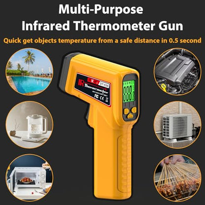 FKM Infrared Thermometer Gun Non-Contact Laser Temperature Gun,-58°F~986°F | Adjustable Emissivity,Digital IR Thermometer Gun for Cooking,Griddle,Pizza Oven,BBQ,HVAC,Automotive,Industrial,Not for Human - color: Yellow