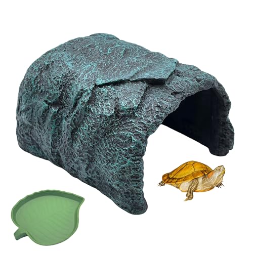 M2cbridge Fish Hide Cave Reptile Terrarium Habitat Decor Green Rock Dish | Natural color careful craft, resting spot, solid and sturdy, water dish - style: Green Rock+ Water Dish