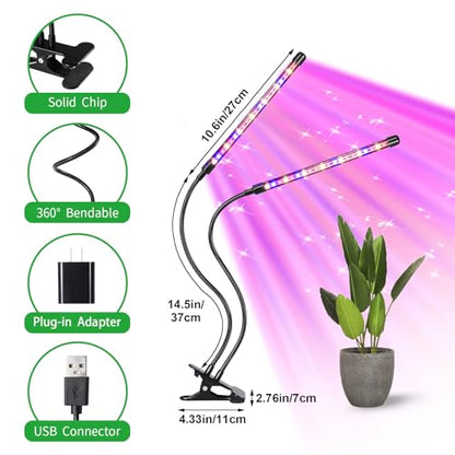 RWNTAO LED Plant Grow Light with Flexible Gooseneck, Suitable for Indoor Plants, Full Spectrum Clip on Plant Growing Light with Red, Blue, Yellow Beads, 10 Brightness Levels, 3/9/12H Auto Timer - size: Red+Blue+Yellow-2Head 1Pack