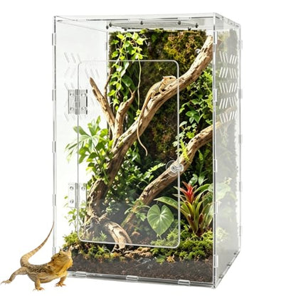 10 Gallon Acrylic Reptile Tank Enclosure,12x12x18 Fully Transparent Reptile Terrarium Acrylic Front Opening with Metal Translucent Mesh Top for Crested Gecko Lizards, Snakes, Chameleon