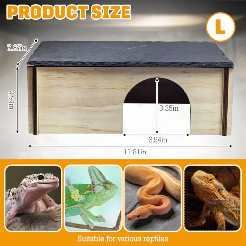 PINVNBY Large Bearded Dragon Basking Platform, Wooden Snake Hide, Ball Pythons Hide with Slate Rock, Leopard Gecko Tank Accessories for Geckos, Crested Gecko Chameleon Turtles (L: 11.8x7.87 inches) - size: L: 11.8x7.87 inches