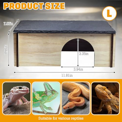 PINVNBY Large Bearded Dragon Basking Platform, Wooden Snake Hide, Ball Pythons Hide with Slate Rock, Leopard Gecko Tank Accessories for Geckos, Crested Gecko Chameleon Turtles (L: 11.8x7.87 inches) - size: L: 11.8x7.87 inches