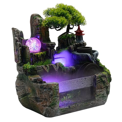Indoor Rockery Fountain Goldfish Tabetop Waterfall with Atomizer & LED Light,Feng Shui Desktop Water Fountain Decoration,Perfect for Office, Home, Bedroom Desk