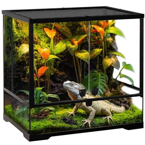 24"x18"x18" Reptile Terrarium, Modular Aluminum-Frame Glass Vivarium for Small Tropical Lizards Such as Juvenile Iguanas, with Lock, Cable Port, Waterproof Deep Base & Adjustable Vents