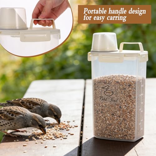 2 Pcs 3.17 Qt/3 L Bird Seed Storage Container Airtight- Portable Bird Food Container with Airtight Measuring Cup, Clear Pet Parrot Seed Dispenser for Birds Food Chicken Feed Storage, Beige Lid