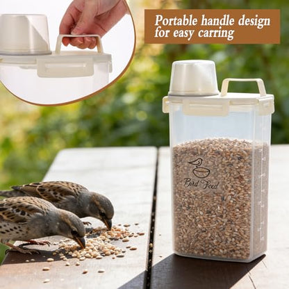 2 Pcs 3.17 Qt/3 L Bird Seed Storage Container Airtight- Portable Bird Food Container with Airtight Measuring Cup, Clear Pet Parrot Seed Dispenser for Birds Food Chicken Feed Storage, Beige Lid