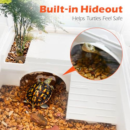 AZV Turtle Tank Starter Habitat Kit,Complete Aquatic Terrarium Enclosure | With Filter,Basking Platform with Hideout,Multi-Function Area,Drainage,Plants and Lamps,Perfect for Red Eared Slider Aquarium