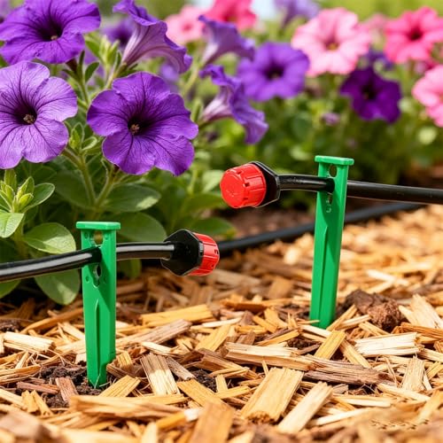 RedChili 100 Pack Irrigation Support Stakes for 1/4 Inch Drip Tubing, Heavy Duty Drip Tubing Hold Down Stakes 1/4" Drip Irrigation Tubing Fittings for Lawn Raised Bed Greenhouse Plant Watering System - size: 1/4" Stake-100P