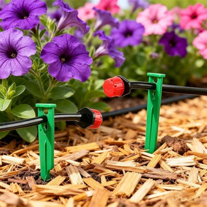 RedChili 100 Pack Irrigation Support Stakes for 1/4 Inch Drip Tubing, Heavy Duty Drip Tubing Hold Down Stakes 1/4" Drip Irrigation Tubing Fittings for Lawn Raised Bed Greenhouse Plant Watering System - size: 1/4" Stake-100P