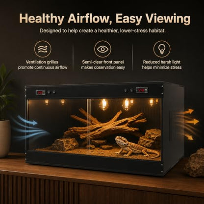 Reptile Tank Terrarium 39.4 x 19.7 x 19.7 in, Dual Digital Temperature Control PVC Reptile Enclosure with Semi-Clear Front Window & E27 Lamp Holders for Geckos, Snakes, Turtles, Bearded Dragons, Black