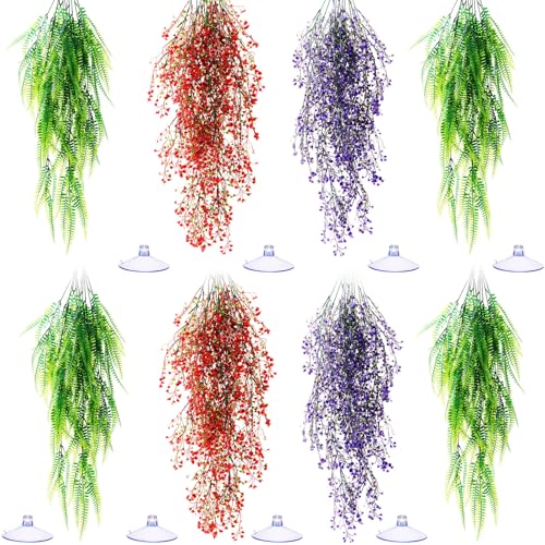 8 Pack Reptile Plants Terrarium Hanging Plant Vine Boston Climbing Terrarium Plant with Suction Cup for Bearded Dragons Lizard Crested Gecko Snake Crab Tank(Tri Color Series,3 Colors) - style: Tri Color Series