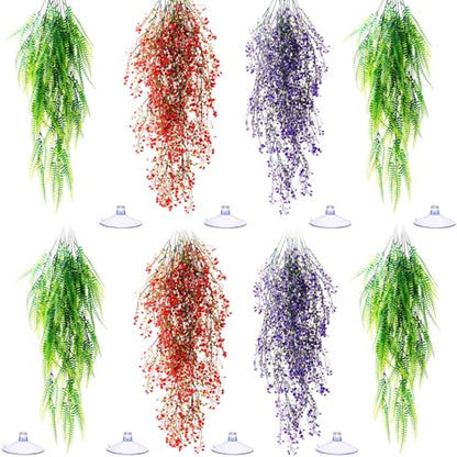 8 Pack Reptile Plants Terrarium Hanging Plant Vine Boston Climbing Terrarium Plant with Suction Cup for Bearded Dragons Lizard Crested Gecko Snake Crab Tank(Tri Color Series,3 Colors) - style: Tri Color Series