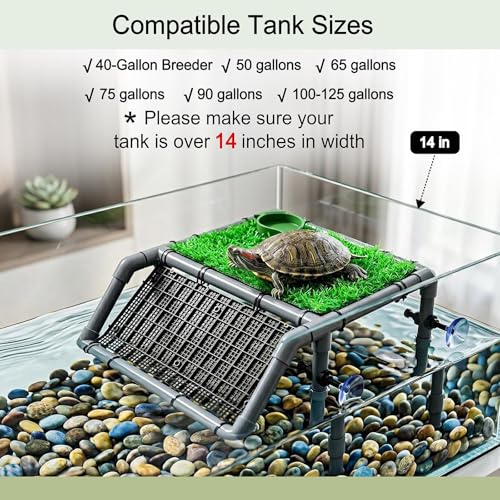 Freestanding Turtle Basking Platform, 13.4" Wide for Tanks | Adjustable Height 5.9-14.5", Fits 40B-120 Gal, Screw-Fixed Suction Cups, Grass Mat, Feeding Bowl & Brush, - size: 13.4'' W