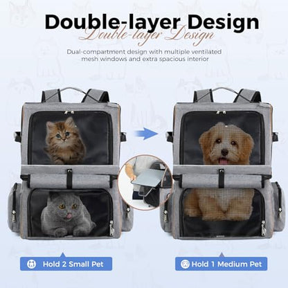 Double Cat Backpack Carrier for 2 Cats, Double-Compartment Pet Carrier Backpack for Two Small Cat or One Medium Cat, Cats Carrier Backpack Dog Carrier Backpack Fits Up to 24 Lbs,Grey - color: Grey