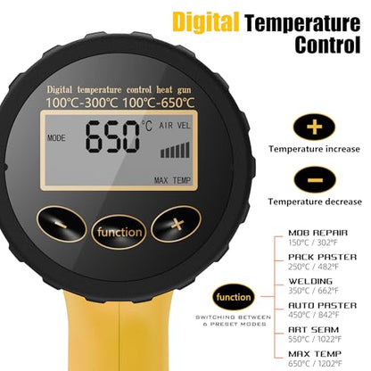 Digital Heat Gun, 900W Adjustable Heat Gun 100-650℃ LCD Display, 4 Nozzles | with LCD display, adjustable 100-650℃ temperature, 6 modes, 7S cool down, ideal for resin crafts, repair & DIY