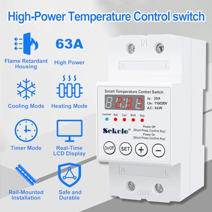 High-Power Temperature Control Switch, 63A 110V/220V Digital Thermostat | -40°C To 140°C Range, Real-Time LCD Display, Heating Cooling Control, Rail-Mounted, for Greenhouses, Aquaculture,Boilers