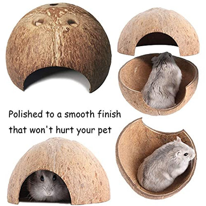 kathson 8PCS Natural Coconut Hut Hamster Hiding House Pet Cave Small Animal Cage Habitat Decor Hanging Hamster Toys with Ladder for Gerbils Hermit Crabs Dwarf Lizards