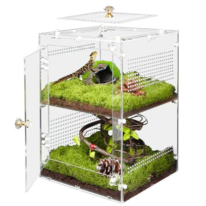 Large Jumping Spider Enclosure, 2 in 1 Ventilated Reptile Terrarium for Praying Mantis,Arboreal Tarantula,Crested Gecko, 12"*8"*8" Acrylic Habitat with Removable Divider,Front Opening & Top Lid - size: Large-12''x8''x8''