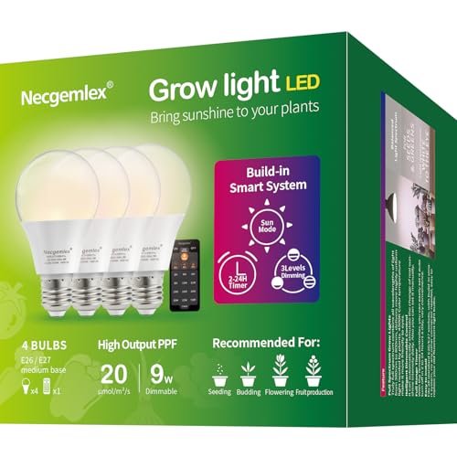 Smart Grow Light Bulbs for Indoor Plants, Programmable Timer and Dim | Full Spectrum Plant Grow Bulbs, Dimmable, 9W, E26/27, 4500K, Remote Control, Sun Mimics Mode, Daily Auto On/Off, 4Pack - size: 4 Pack