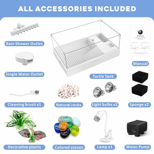 GOZILLA Large Turtle Tank Kit+Water Pump, Acrylic Turtle Tank Starter Kit with Adjustable 5W Water Pump and Two Shower Heads, Multi-Functional Area for Small/Medium Turtles(Large-White Kit) - color: White Kit-Large