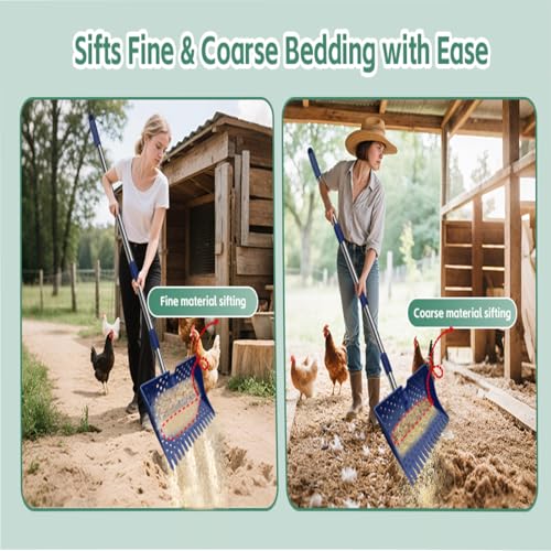 12" 2-in-1 Chicken Poop Scooper & Rake, 3-Shape Sifting Holes Chicken Coop Rake, Stainless Steel Handle (20–61") - Litter Scooper & Sand Sifting Shovel (U.S. Patent No. D1124534) - Blue - color: Blue