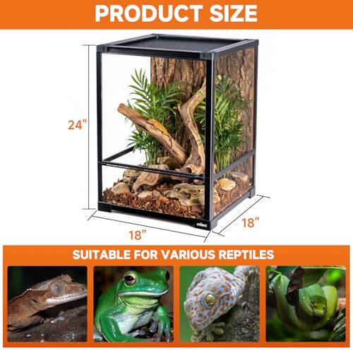 34 Gallon Reptile Tempered Glass Terrarium, 18" x 18" x 24" Rainforest Reptile Habitat Tank with Sliding Single Door, Removable Glass Door Reptile Terrarium with Top Screen Mesh Ventilation - size: 18" x 18" x 24"