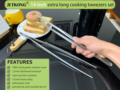 JETKONG 2 Pcs 14-Inch Food Tweezers Stainless Steel Tweezer Tongs Extra-Long Cooking Tweezers (Silver) - color: Silver, size: 14+14 Inch