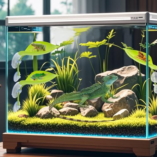 3PCS Leaf Decorations with Suction Cups, Frog Habitat for Terrarium Decor, Reptile Tank Accessories for African Dwarf Frog Top Water Frog Dart Frog Tree Frog (Green)