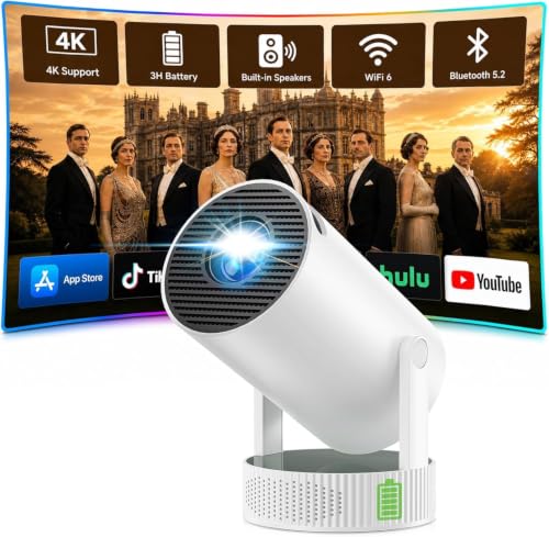 Mini Projector with WiFi and Bluetooth, Portable Projector with Built-in Battery, 4K Supported Android 11.0 Smart Outdoor Projector for Camping, Bedroom, Compatible with iPhone/TV Stick/HDMI/Laptop