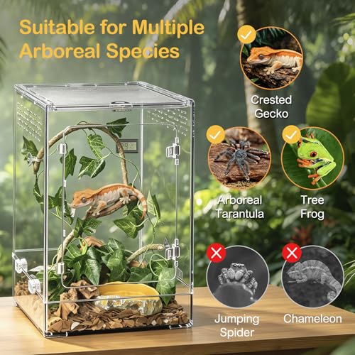 Reptile Tank,12" x 12" x 18" Tall Starter Crested Gecko Terrarium | Vertical Transparent Enclosure Kit,Arboreal Tarantula Ventilation Habitat for Tree Frog Dart Cribs,Gecko,Small Reptile Cage - size: 12*12*18inch