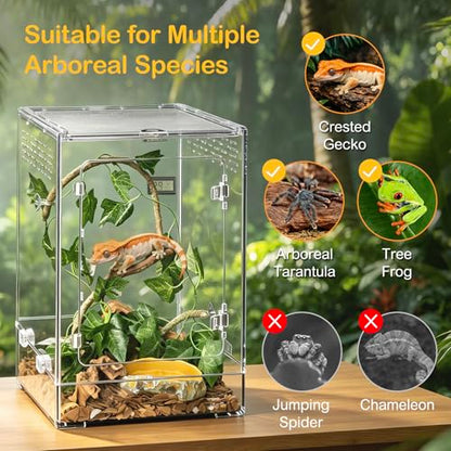 Reptile Tank,12" x 12" x 18" Tall Starter Crested Gecko Terrarium | Vertical Transparent Enclosure Kit,Arboreal Tarantula Ventilation Habitat for Tree Frog Dart Cribs,Gecko,Small Reptile Cage - size: 12*12*18inch
