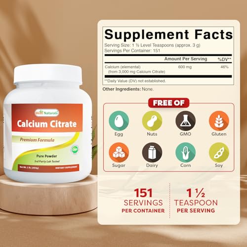 Best Naturals Calcium Citrate Powder - Calcium Supplement, High Bioavailable 3000 mg per Serving (600 mg Elemental Calcium) - Unflavored & Gluten Free - 1 Pound