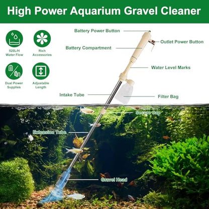 Aquarium Gravel Cleaner Kit, Electric Fish Tank Cleaning Tools with Strong Suction, Multifunction Automatic Aquarium Vacuum Cleaner for Wash Sand, Water Changing (Adjustable Length)