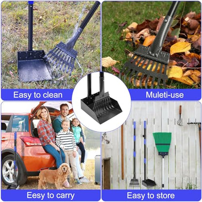 Pooper Scooper, Dog Pooper Scooper Tray and Rake Set with Adjustable Stainless Steel Long Handle for Large Medium Small Dogs (Blue) - color: Blue