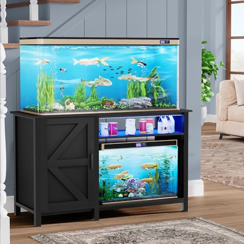 YITAHOME Aquarium Stand with Power Outlets, Black | 55-75 Gallon Fish Tank Stand, Cabinet with RGB Light Strip Suitable for Turtle Tank, Reptile Terrarium, 900LBS Capacity