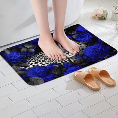 Erosebridal 3D Cheetah Bath Mat Blue Rose Leopard Print Bath Rugs for Women Romantic Flowers Area Rug African Safari Animals Living Room Rugs Animal Hide Spot Wild Safari Theme Shower Mat 20"x32" - color: Multi 07, size: 1'8" x 2'8" (Rectangular)