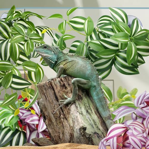 QUOZUO 2 Pack Reptile Plants, Artificial Hanging Plants with Suction Cups, Habitat Decor Plastic Vines Decorations for Bearded Dragons Lizards Snake Geckos Frogs -Purple and Green