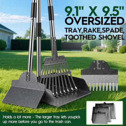 Dog Pooper Scooper for Large Dogs，9.1" X9.5"，Oversized Tray，pooper scooper | Free with two extension rods，Reduce the frequency of garbage trips，for Large, Medium, Small Dogs - size: Large 3‑Pc Set