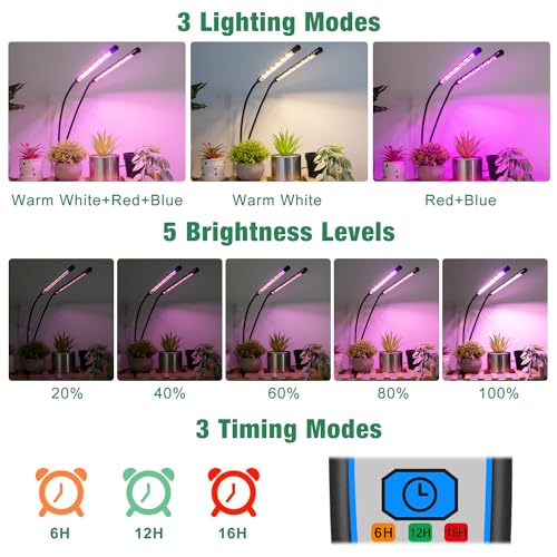 Grow Lights for Indoor Plants, 2 Heads Clip On Plant Light, 40 LEDs | RedBlue Plant Light, Timer 6/12/16Hrs, 3 Spectrums, 5 Dimmable Levels, Flexible Gooseneck - size: (1 Pack)2 Arms