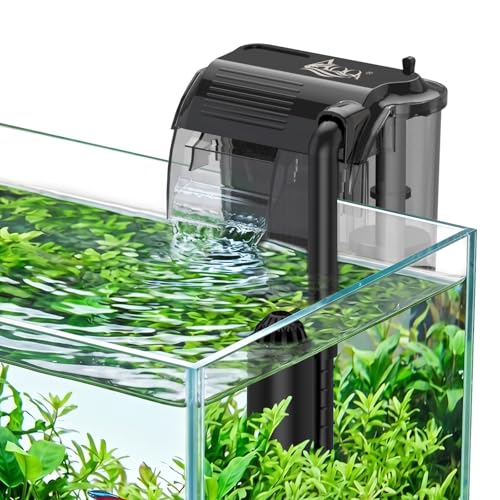 AQQA Aquarium Hang on Back Filter Whisper Fish Tank HOB Filter | Adjustable Flow, Multi-Stage Filtration with Surface Skimmer & Sponge Guard for Small Fish Tanks 4-21 Gallon (3W, 80GPH) - size: Small