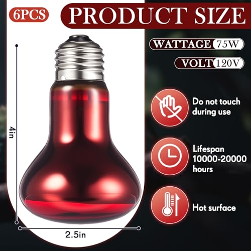 6 Pack 75 W Reptile Heat Bulbs Red Heat Lamp Bulb Infrared Lamp Red Basking Light Bulbs for Reptiles, Bearded Dragon, Lizard, Tortoise, Chickens, Leopard Gecko, Amphibian, Pets - color: Infrared