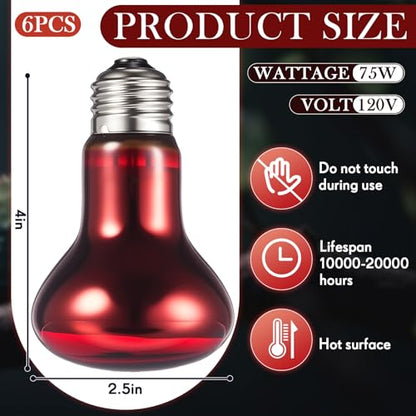 6 Pack 75 W Reptile Heat Bulbs Red Heat Lamp Bulb Infrared Lamp Red Basking Light Bulbs for Reptiles, Bearded Dragon, Lizard, Tortoise, Chickens, Leopard Gecko, Amphibian, Pets - color: Infrared