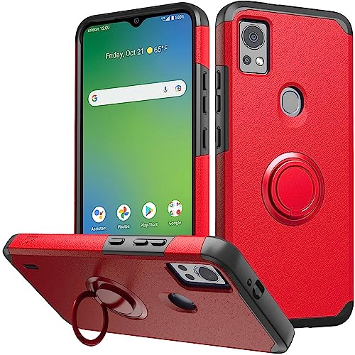 for AT&T SL112A 6782D / Cricket SL112C Shockproof Ring Stand Hybrid Cover Phone Case + Tempered Glass + Extreme Band + Stylus Pen + Pry Tool (Red) - color: Red